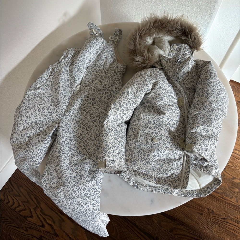 Rylee + Cru Cream and Dusty Blue Ditsy Floral Snow Bib & Coat Set